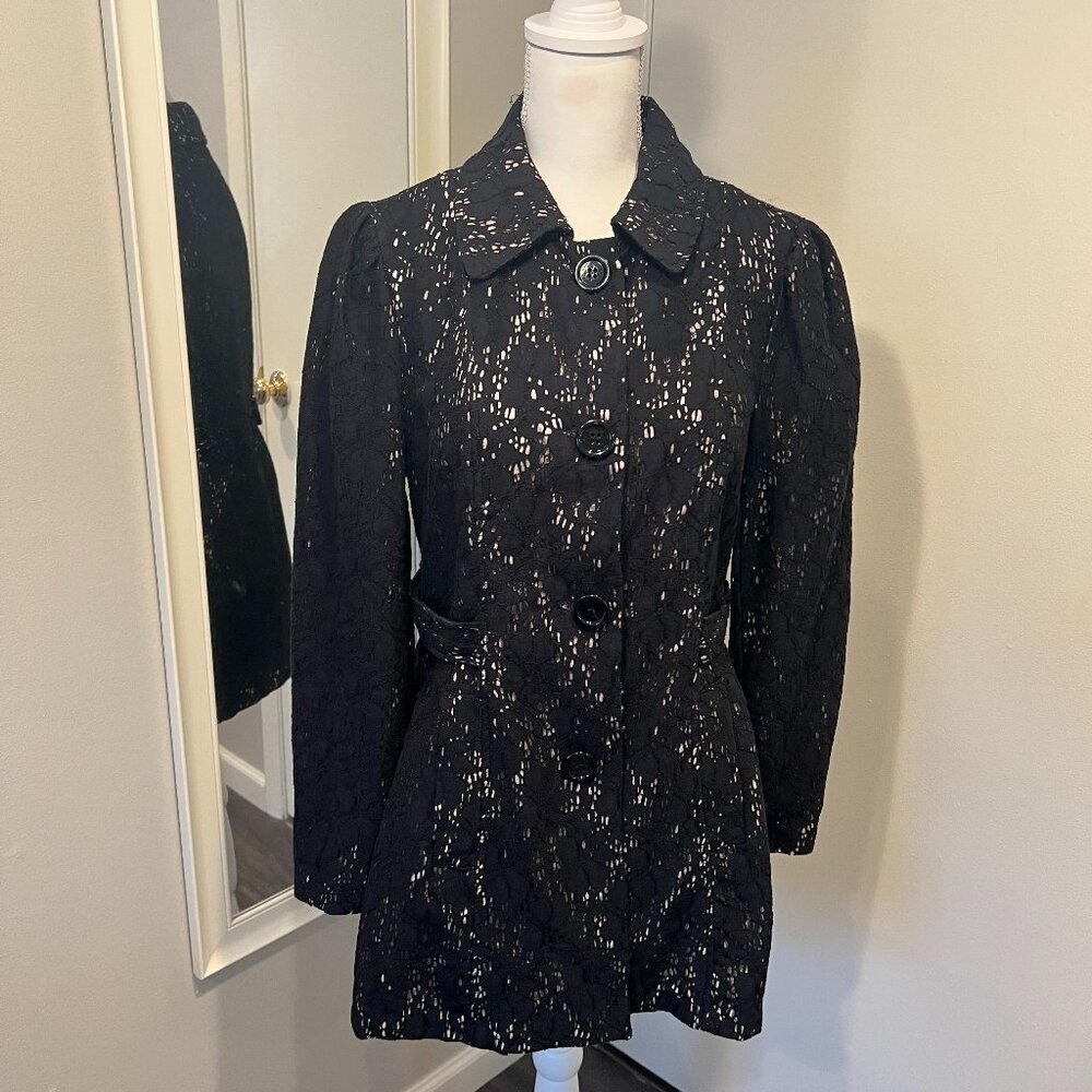 Marisa Christina Black Open Knit Lace Lightweight Coat, Size Medium
